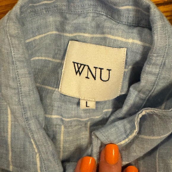 With Nothing Underneath the boyfriend button down: 100% Linen, light blue stripe - Picture 5 of 6